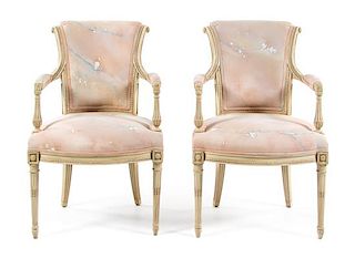 A Pair of Louis XV Style Painted Fauteuil Height 36 inches.