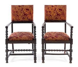 A Pair of Oak Open Armchairs Height 42 1/2 inches.