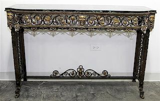 * An Art Deco Style Wrought Iron and Marble Console, attributed to Oscar Bach Table Height 32 1/2 x width 49 1/2 x depth 16 inches.