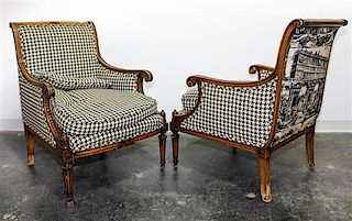 * A Pair of Walnut and Houndstooth Bergeres Height 35 inches.