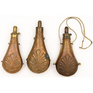 Lot of Three Large Shell Themed Copper Powder Flasks 