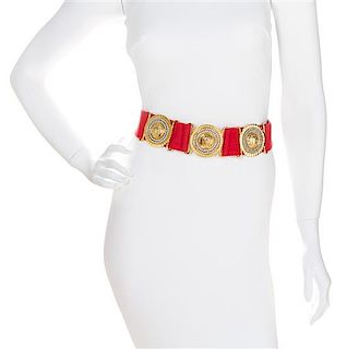 A Gianni Versace Red Canvas Belt, Medallions: 2.25" x 2.25"; Width: 2".
