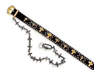 A Gianni Versace Limited Edition Black Leather Cross Belt, Belt width: 1.5"; Pin length: 6".