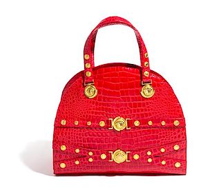 A Gianni Versace Red Croc Embossed Oversized Medusa Bag, 15.5" x 13" x 6.25"; Handle drop: 5.75"