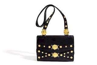 A Gianni Versace Black Leather Medusa Shoulder Bag, 11.75" x 8.5" x 3.5"; Strap drop: 19.5".