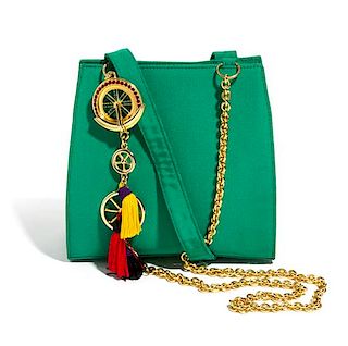 A Gianni Versace Green Silk Shoulder Bag, 8" x 8" x 3"; Strap drop: 19.5".