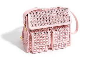 A Gianni Versace Pink Silk and Rhinestone Backpack, 8.5" x 7" x 2.75"; Handle drop: 6".