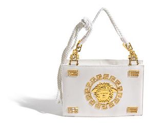 A Gianni Versace White Silk Medusa Shoulder Bag, 9" x 6" x 2".