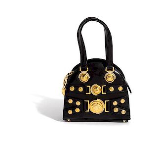 A Gianni Versace Black Mini Medusa Bag, 6" x 6.75" x 2.75"; Handle drop: 4".