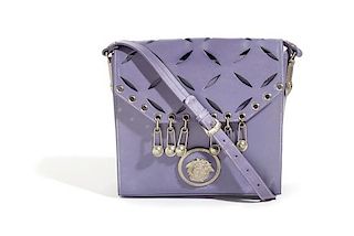 A Gianni Versace Purple Leather Safety Pin Shoulder Bag, 10" x 9.5" x 4"; Strap drop: 11-16".