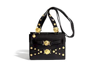 A Gianni Versace Black Leather Shoulder Bag, 11" x 8.25" x 3.5"; Strap drop: 21".