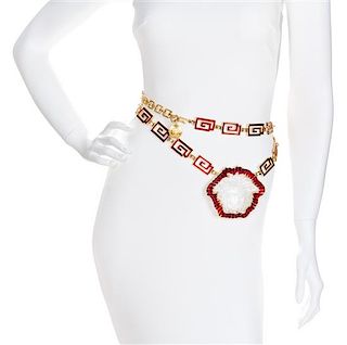 A Gianni Versace Runway Red Enamel Greco Link Belt/Necklace, Belt: 56" x 1"; Pendant: 3.5" x 3.25".