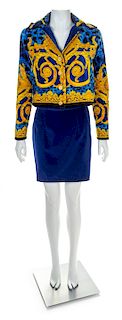 A Gianni Versace Bright Blue Velvet Print Jacket and Skirt, No Size.