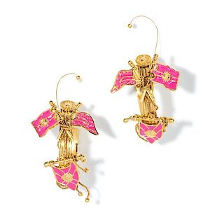 A Pair of Gianni Versace Pink Enamel Flag Oversized Earclips, 3" x 2.75".