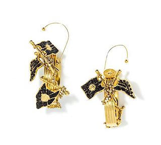 A Pair of Gianni Versace Black Flag and Rhinestone Oversized Earclips, 3" x 3".