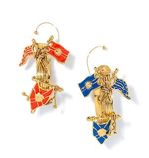 A Pair of Gianni Versace Enamel Flag Oversized Earclips, 3" x 3".