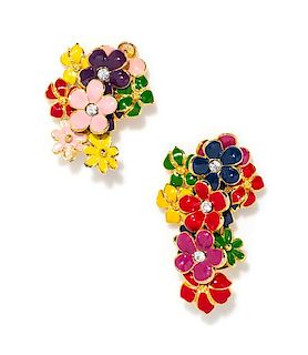 A Pair of Gianni Versace Multicolor Enamel Floral Earclips, 2.5" x 1.25".