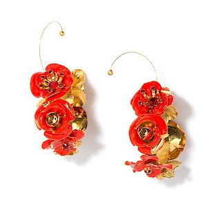 A Pair of Gianni Versace Red Enamel Floral Runway Earclips, Outer diameter: 9"; Each flower: 1.5" 1.5".