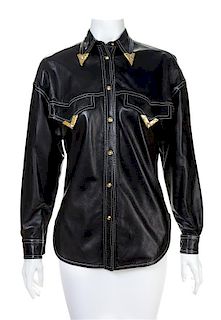 A Gianni Versace Black Leather Fitted Shirt, Size 40.