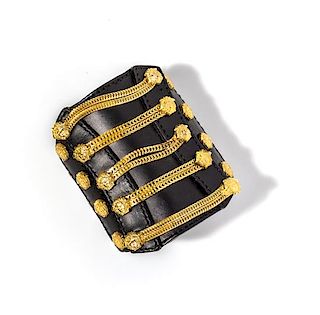 A Gianni Versace Black Leather Chain Cuff, 5.5" x 3.5"; Diameter: 5.75".