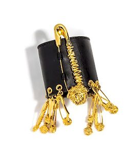 A Versace Black Leather Safety Pin Bracelet, 2.25"- 6.25"- 7.25".