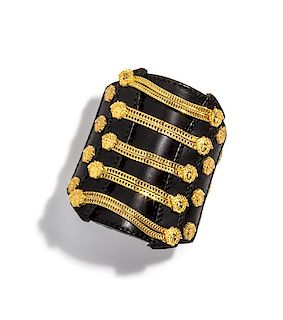 A Gianni Versace Black Leather Chain Cuff, 7.5" x 3.5"; Diameter: 6"