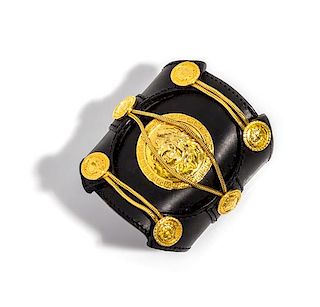 A Gianni Versace Black Leather Cuff with Center Medusa Medallion, Width: 3.75"; Diameter (Adjustable): 6".