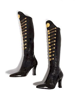 A Pair of Gianni Versace Black Leather Chain Boots, Size 39.