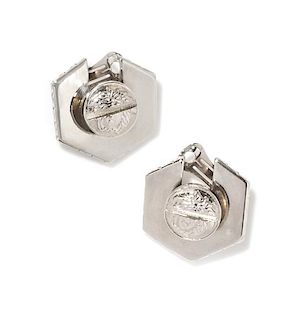 A Pair of Gianni Versace Bolt Earclips, 1.5" x 1.5".