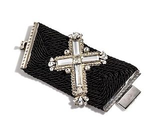 A Gianni Versace Black Silk and Crystal Cross Cuff Bracelet, 7.5" x 3".