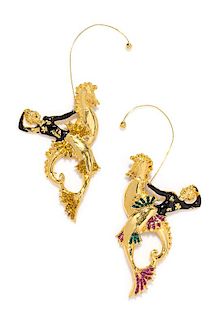 A Pair of Gianni Versace Runway Lady on a Seahorse Earclips, 4" x 2.5".