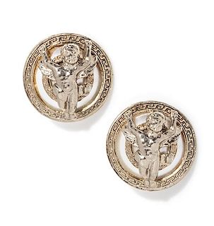 A Pair of Gianni Versace Cherub and Pearl Earclips, 1.5" x 1.5".