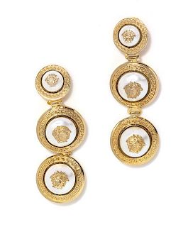 A Pair of Gianni Versace Pearl Medusa Medallion Drop Earclips, Medallions: 1" x 1" and 1.25" x 1.25"; Drop: 3.5".
