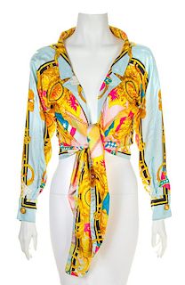 A Gianni Versace Silk Print Tie Front Blouse, Size 40.