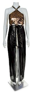 A Gianni Versace Gold Silk and Leopard Print Mini Dress, Size 42.