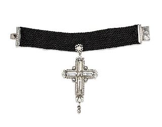 A Gianni Versace Black Silk and Crystal Cross Pendant Choker, Pendant: 3.25" x 6.5".