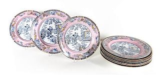 An Assembled Set of Fourteen English Transfer Decorated Plates, Diameter of largest 10 inches.