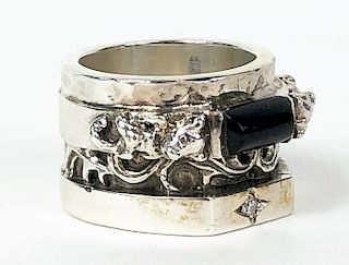 Heavy Sterling Silver Onyx & .03CTW Diamond Ring