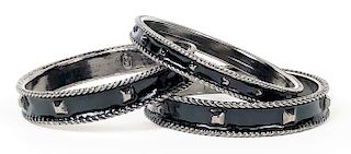 Three Hand Painted Silver Pierced Bangle Bracelets
