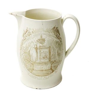 An English Transfer Decorated Creamware Pitcher, Height 7 inches.