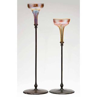 Two Tiffany Studios Bronze Candlesticks