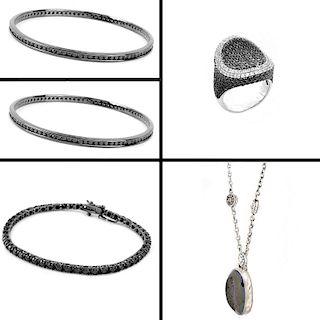 Five Pieces Sterling Black Diamond Jewelry
