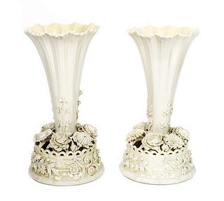 A Pair of Belleek Porcelain Trumpet Vases, Height 12 inches.