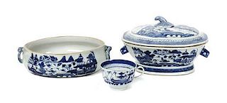 Three Chinese Export Blue and White Porcelain Articles, Height 6 inches.
