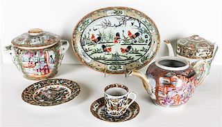 A Collection of Chinese Rose Medallion Porcelain Articles, Width of first over handle 8 1/4 inches.
