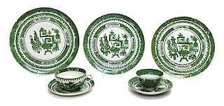 A Group of Chinese Export Green Fitzhugh "100 Objects" Table Articles, Diameter of dinner plate 9 1/2 inches.