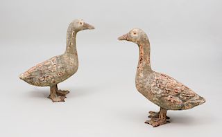 Pair of Painted Cast-Iron Models of Geese