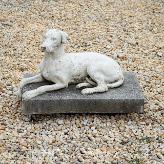 Painted Metal Model of a Recumbent Hound on a Cast Stone Base, Possibly Lead