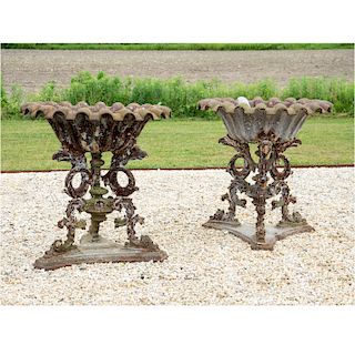 Pair of Monumental Fiske Fluted Cast Iron Urns on Tripod Bases