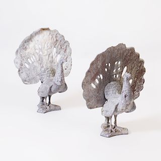 Pair of Lead Garden Sculptures in the Form of Peacocks